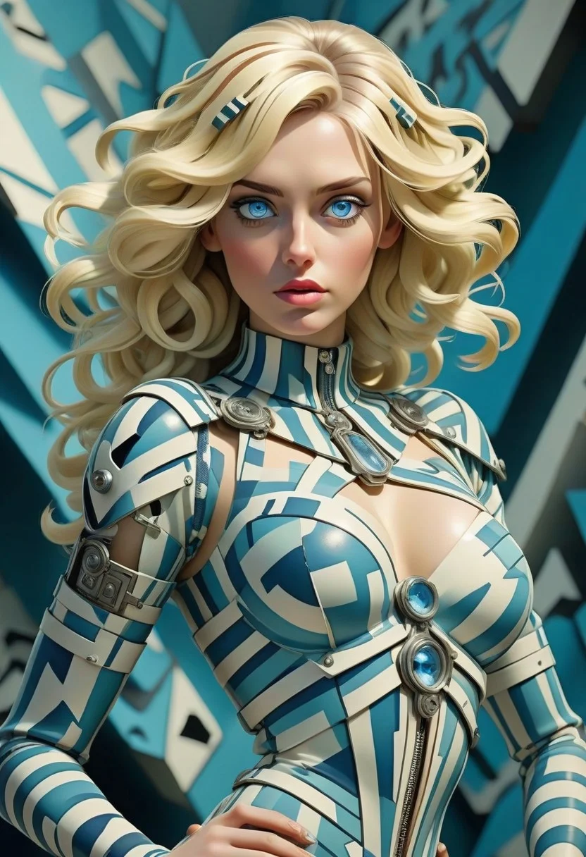 meta;;ic chrome beautiful female android with ((psychedelic)) angular ww1 dazzle camouflage. ((various poses.   large breast. blonde hair, blue eyes.