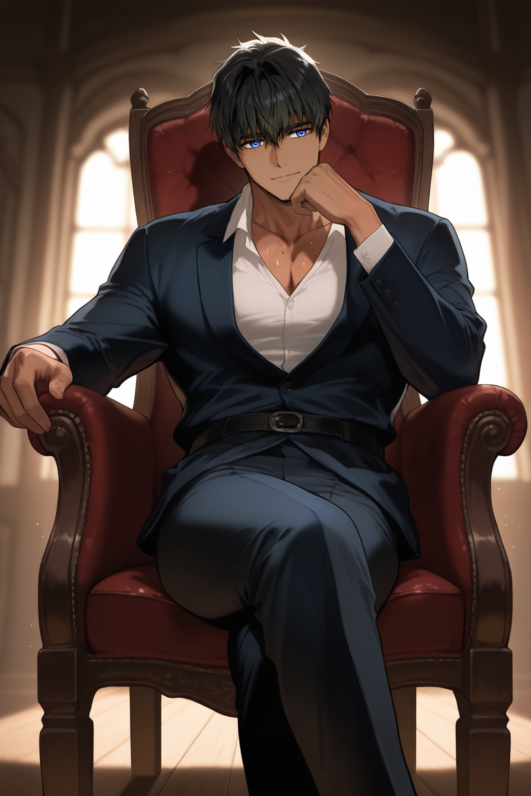 expressive manly serious face, 1boy, NorraVon, black hair, blue eyes, tan skin, looking at viewer, closed smile, manly, shiny skin, sweating, sweatdrop, sitting on cushihoned chair, chin rest, crossed legs, backlighting, shadow, dynamic angle, dynamic action, atmospheric perspective, intricately detailed, depth of field, masterpiece, best quality, amazing quality, very aesthetic, absurdres, newest, very awa