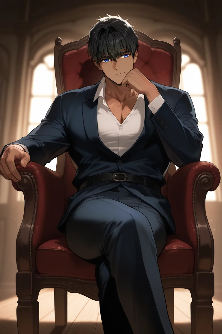 expressive manly serious face, 1boy, NorraVon, black hair, blue eyes, tan skin, looking at viewer, closed smile, manly, shiny skin, sweating, sweatdrop, sitting on cushihoned chair, chin rest, crossed legs, backlighting, shadow, dynamic angle, dynamic action, atmospheric perspective, intricately detailed, depth of field, masterpiece, best quality, amazing quality, very aesthetic, absurdres, newest, very awa