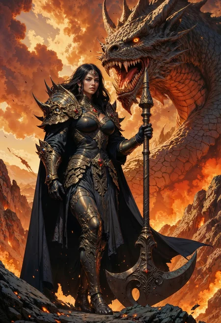 a highly detailed, digital fantasy artwork depicting a fierce female warrior standing heroically against a backdrop of a menacing dragon. The scene is set against a dramatic, fiery sky with large, billowing clouds tinged in shades of orange and yellow, suggesting either dawn or dusk.
The woman, who appears to be of a Caucasian ethnicity with fair skin, has long, flowing black hair that cascades down her back. She is dressed in dark, metallic armor that gleams under the fiery light, covering her from neck to ankles, with intricate designs and patterns. Her armor includes a high-collared, dark cape that billows behind her, adding to the sense of motion and strength.
In her right hand, she wields a massive, ornate battle axe with a wide, spiked blade that is as tall as she is. The axe head is adorned with detailed engravings, and the handle is wrapped in leather. The dragon, looming behind her, is colossal, with scales that glisten in the firelight, revealing a menacing, open maw filled with sharp teeth. The dragon’s eyes burn with an intense, fiery glow, adding to the overall sense of danger and intensity. The artwork is rich in texture and detail, capturing the dynamic tension between the warrior and the dragon.