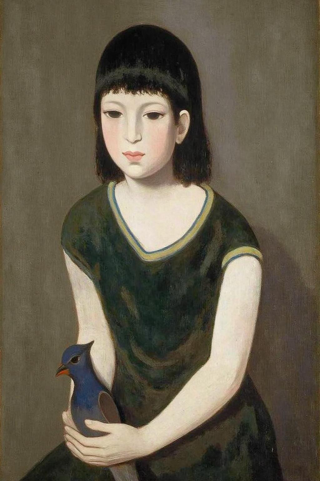 malau1 painting
A young girl and a small bird. The girl has straight, dark hair. She has a serene expression and is dressed in a dark green, loose-fitting top with a subtle, almost imperceptible blue trim at the neckline and short sleeves. <lora:malau1_cap_d6a3e12:1.0><lora:825071713290114528:0>