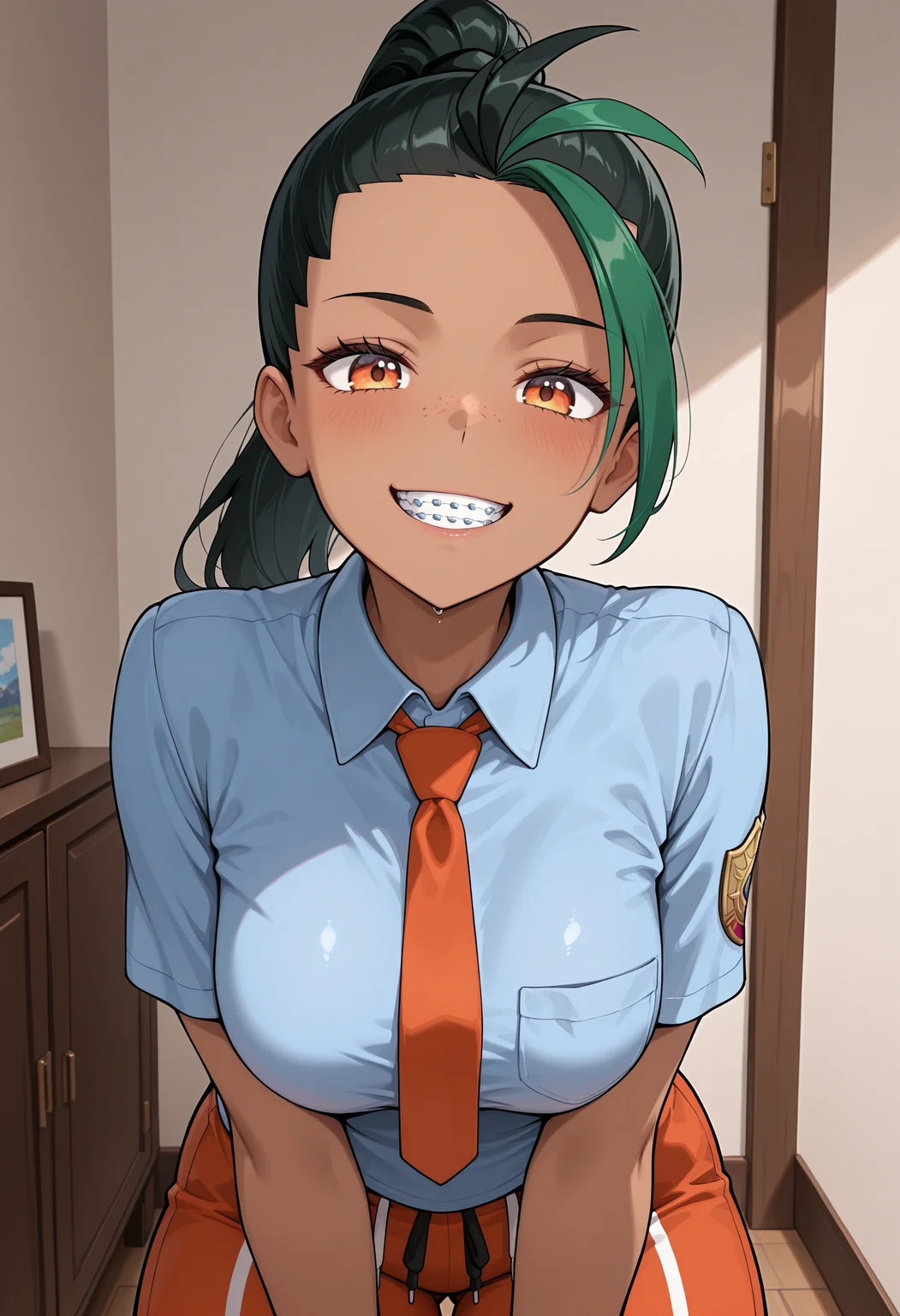 anime, masterpiece, best quality, detailed background, 8k, <lora:braces:1>, br4c3s, braces, nemona (pokemon), close up