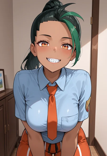 anime, masterpiece, best quality, detailed background, 8k, <lora:braces:1>, br4c3s, braces, nemona (pokemon), close up