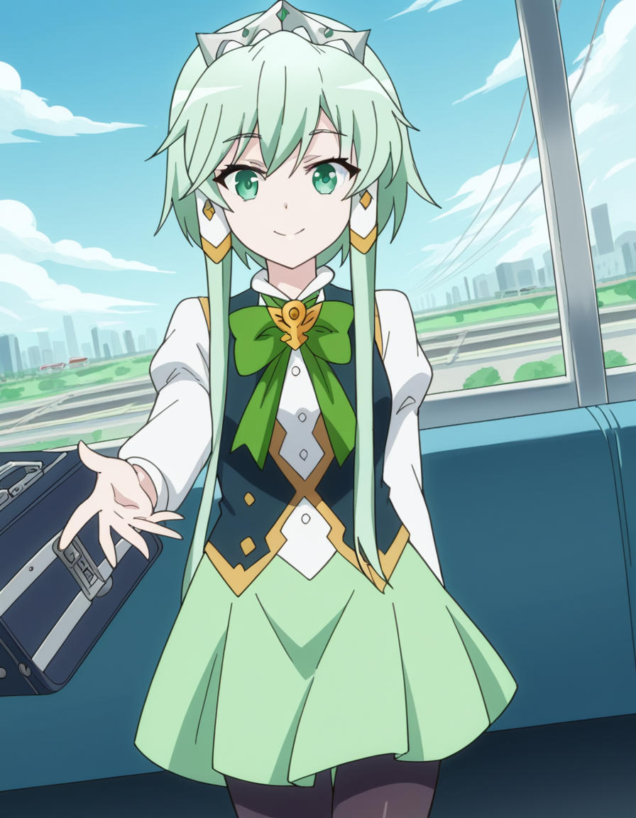 score_9, score_8_up, score_7_up, source_anime, <lora:lucia-rea-regulus-s2-ponyxl-lora-nochekaiser:1>, lucia rea regulus, long hair, green eyes, sidelocks, green hair, hair tubes, short hair with long locks,, skirt, long sleeves, dress, bow, pantyhose, bowtie, black pantyhose, green bow,, train station, waiting for train, suitcase, traveling, commute, city skyline, hands behind back,, smile, on back, arm support, arms up, incoming hug, pov, reaching, reaching towards viewer,, looking at viewer, solo,, dutch angle, cowboy shot