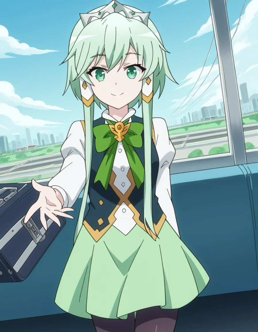 score_9, score_8_up, score_7_up, source_anime, <lora:lucia-rea-regulus-s2-ponyxl-lora-nochekaiser:1>, lucia rea regulus, long hair, green eyes, sidelocks, green hair, hair tubes, short hair with long locks,, skirt, long sleeves, dress, bow, pantyhose, bowtie, black pantyhose, green bow,, train station, waiting for train, suitcase, traveling, commute, city skyline, hands behind back,, smile, on back, arm support, arms up, incoming hug, pov, reaching, reaching towards viewer,, looking at viewer, solo,, dutch angle, cowboy shot