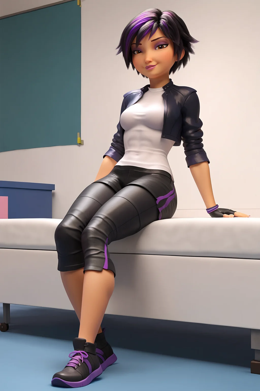 score_9, score_8_up, score_7_up, score_6_up, BREAK, GoGoTomagoBH6XL, purple eyeshadow, pink lips, brown eyes, black hair, purple hair, multicolored hair, short hair, streaked hair, medium breasts, open jacket, cropped jacket, black jacket, white shirt, black gloves, fingerless gloves, black shorts, capri pants, black shoes, solo, full body, sitting, bellow view, seductive smile, looking at viewer, indoors <lora:GoGoTomagoBH6XL:1>