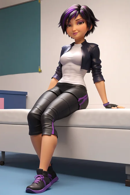 score_9, score_8_up, score_7_up, score_6_up, BREAK, GoGoTomagoBH6XL, purple eyeshadow, pink lips, brown eyes, black hair, purple hair, multicolored hair, short hair, streaked hair, medium breasts, open jacket, cropped jacket, black jacket, white shirt, black gloves, fingerless gloves, black shorts, capri pants, black shoes, solo, full body, sitting, bellow view, seductive smile, looking at viewer, indoors <lora:GoGoTomagoBH6XL:1>
