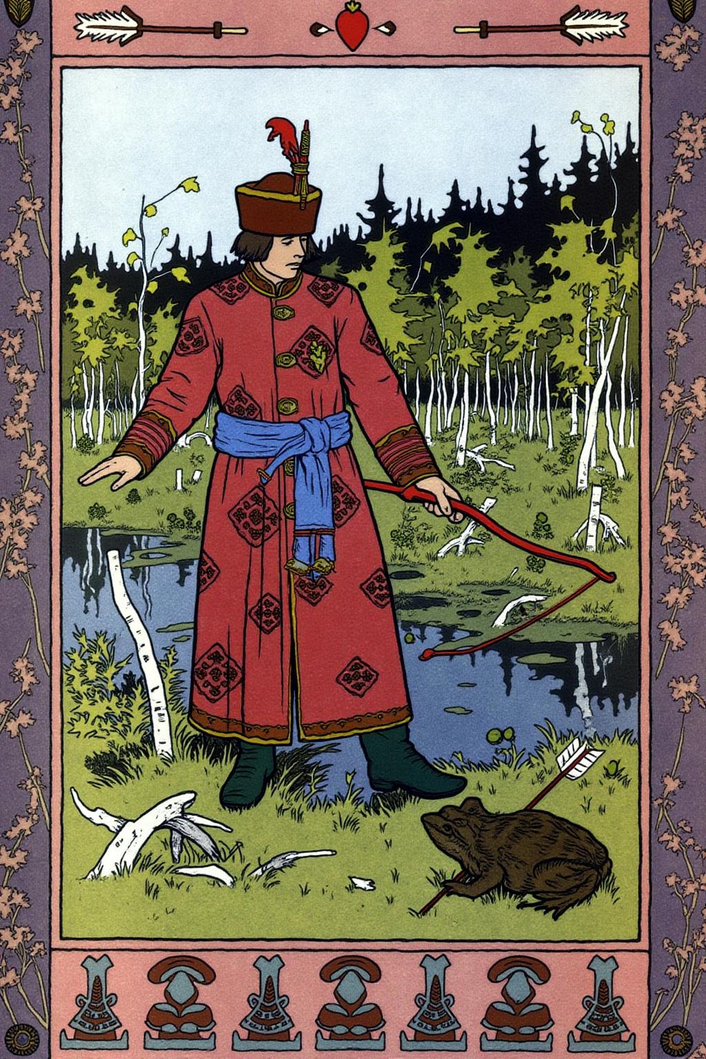 ivanbilibin1 illustration. 
A richly dressed Russian prince stands in a lush, green forest, wearing a long, red robe with intricate patterns, a wide belt, a tall fur hat with a decorative plume, and fur-lined boots. He is carrying a bow and looking down at a frog on the ground. There is a frog in the bottom right corner, carrying an arrow. Decorative borders frame the scene. <lora:ivanbilibin2_cap_d6a3e11:1.0><lora:857296849676032323:0>
