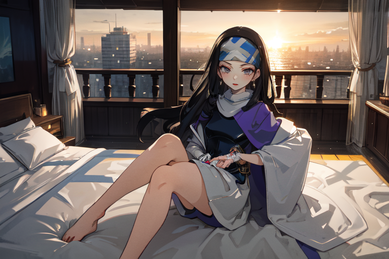 highly insanely detailed, masterpiece, top quality, best quality, highres, 4k, 8k, RAW photo, (very aesthetic, beautiful and aesthetic),  
beth_\(megami_tensei\),bethsmtii,shin megami tensei ii,long hair,black hair,straight hair,sleek black,jewelry,cross,headband,red_lipstick,bandana_with_messian_symbol,Religious_bandana,symbol_headband,messian_church_bandana, 
<lora:zs_Beth:1>, 
(1girl:1.3), 1other, 
(modern Bed) made of marble material, grey color, rustic style, reclining, open shelves, fringed edges, tufted upholstery, located in a minimalist loft, with simple furniture, neutral tones, uncluttered space, elegant feel , at sunset,âââ