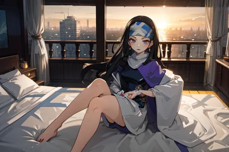 highly insanely detailed, masterpiece, top quality, best quality, highres, 4k, 8k, RAW photo, (very aesthetic, beautiful and aesthetic),  
beth_\(megami_tensei\),bethsmtii,shin megami tensei ii,long hair,black hair,straight hair,sleek black,jewelry,cross,headband,red_lipstick,bandana_with_messian_symbol,Religious_bandana,symbol_headband,messian_church_bandana, 
<lora:zs_Beth:1>, 
(1girl:1.3), 1other, 
(modern Bed) made of marble material, grey color, rustic style, reclining, open shelves, fringed edges, tufted upholstery, located in a minimalist loft, with simple furniture, neutral tones, uncluttered space, elegant feel , at sunset,âââ
