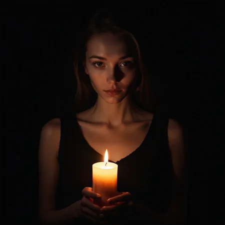 pitch black dark background, woman with a candle