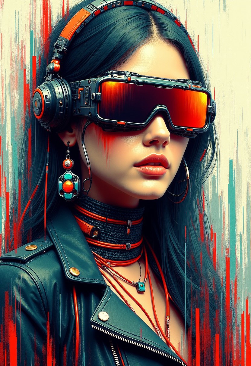 masterpiece, ((inkpunk cell-shaded style)), realistic painting, portrait of a beautiful cyberpunk girl,  leather jacket, earrings, necklace, cyberpunk headgear, mad-cybrpnkimprss