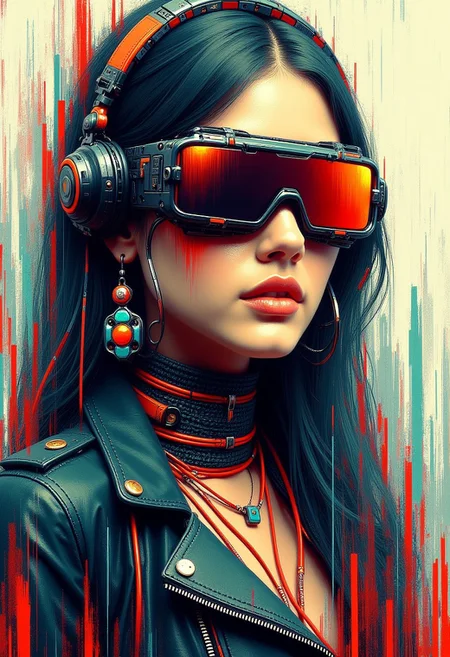 masterpiece, ((inkpunk cell-shaded style)), realistic painting, portrait of a beautiful cyberpunk girl,  leather jacket, earrings, necklace, cyberpunk headgear, mad-cybrpnkimprss