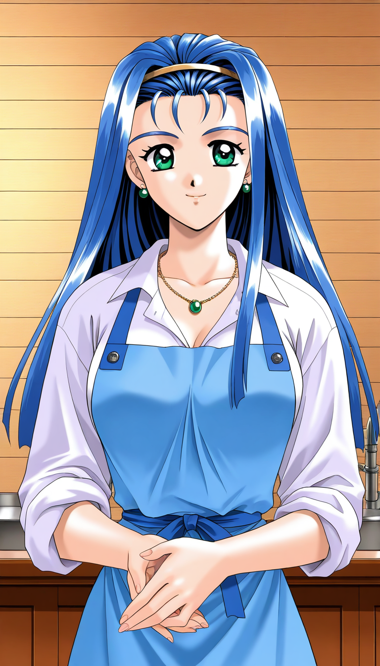 general,highres, ultra-detailed,very aesthetic,best quality ,best hands,  BREAK <lora:Yamashita_Minatsu_IS:1>YamashitaMinatsu, 1girl,solo, blue hair, long hair, hairband, jewelry, green eyes, earrings, large breasts, 1990s (style), 
1girl, solo, apron, smile, shirt, white shirt,  looking at viewer, blue eyes, sleeves rolled up, necklace, upper body,