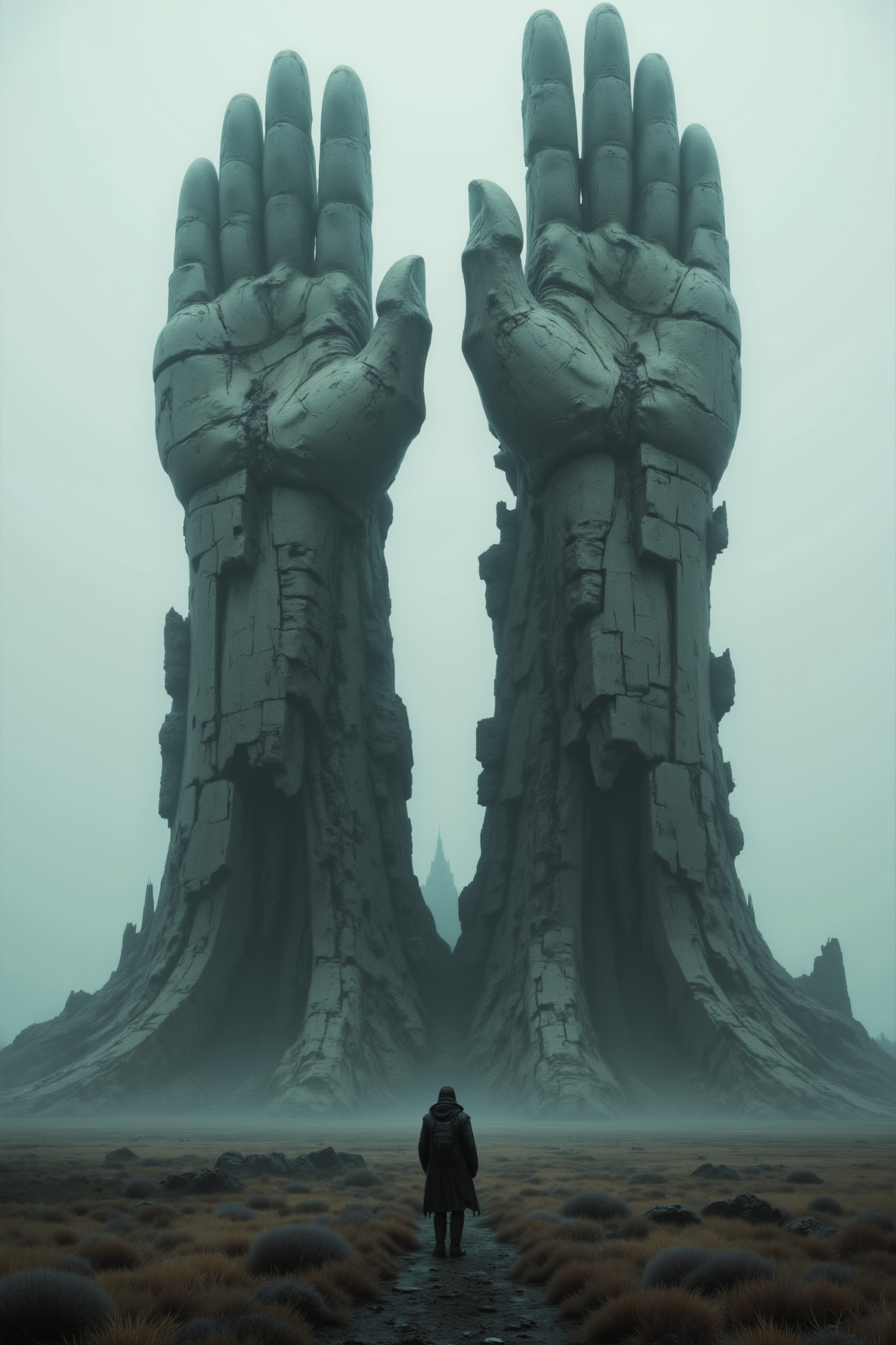 In an endless expanse of desolate plains shrouded in moody fog, two colossal hands made of ancient, weathered stone rise skyward, their ragged surfaces cracked and etched with the wear of time. The fog drapes the scene in an eerie stillness, emphasizing the towering height of the hands as they vanish into the mist above. The plains stretch infinitely in every direction, barren and silent, while faint, diffused light filters through the haze, casting soft, shifting shadows across the jagged surfaces of the stone. The hands seem frozen in a silent, eternal struggle, their presence both haunting and awe-inspiring in the boundless, fog-drenched expanse.