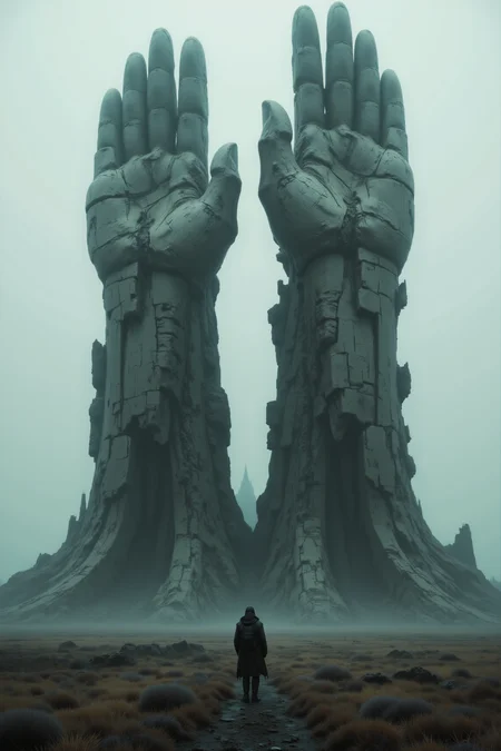 In an endless expanse of desolate plains shrouded in moody fog, two colossal hands made of ancient, weathered stone rise skyward, their ragged surfaces cracked and etched with the wear of time. The fog drapes the scene in an eerie stillness, emphasizing the towering height of the hands as they vanish into the mist above. The plains stretch infinitely in every direction, barren and silent, while faint, diffused light filters through the haze, casting soft, shifting shadows across the jagged surfaces of the stone. The hands seem frozen in a silent, eternal struggle, their presence both haunting and awe-inspiring in the boundless, fog-drenched expanse.
