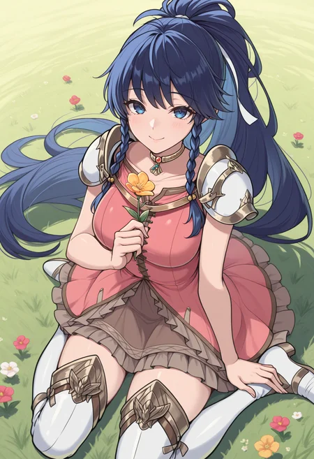 masterpiece, best quality, 1girl, wariza, smile, closed mouth, looking at viewer, from above, holding flower, <lora:TanaFE-illu:1> defTana, blue hair, long hair, high ponytail, hair ribbon, twin braids, blue eyes, neck ring, pink dress, chest strap, short dress, pauldrons, bare arms, brown skirt, frilled skirt, thigh boots, grass, flowers, outdoors