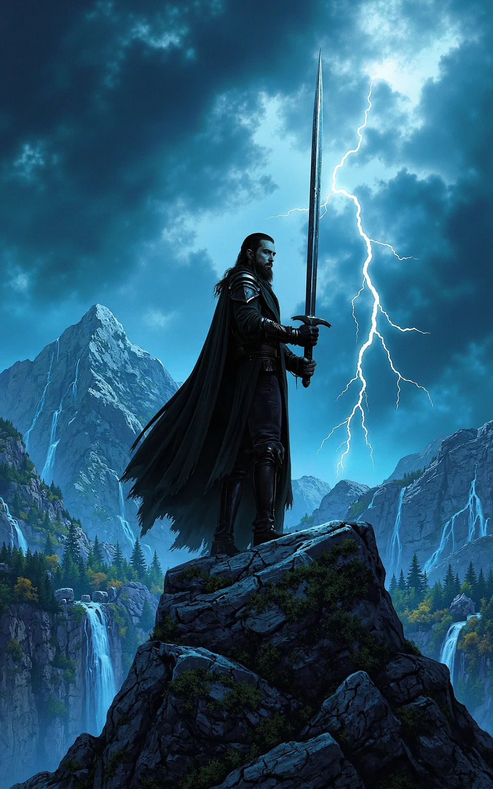 A legendary swordsman stands tall on a high mountain peak,his blade reflecting the stormy sky. The background is a masterpiece of swirling storm clouds and blinding lightning bolts. His long cloak flows in the wind,his face stern and determined. The painting is rendered in a highly detailed,fantasy illustration style,reminiscent of classic fantasy book covers,with vibrant yet ominous tones.,<lora:klordoftherings-01:0.8>,klordoftherings,