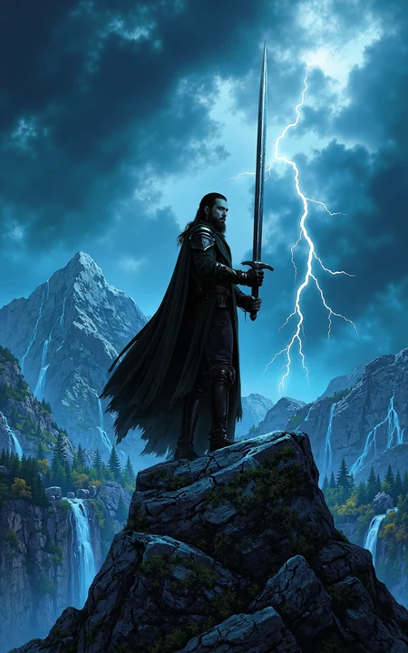 A legendary swordsman stands tall on a high mountain peak,his blade reflecting the stormy sky. The background is a masterpiece of swirling storm clouds and blinding lightning bolts. His long cloak flows in the wind,his face stern and determined. The painting is rendered in a highly detailed,fantasy illustration style,reminiscent of classic fantasy book covers,with vibrant yet ominous tones.,<lora:klordoftherings-01:0.8>,klordoftherings,