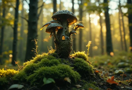 a small in deep moss growing hyperdetailed mushroom resembling a small house, golden hour lighting, autumn, falling leafs, moss, forest soil, leafs, oragnic,