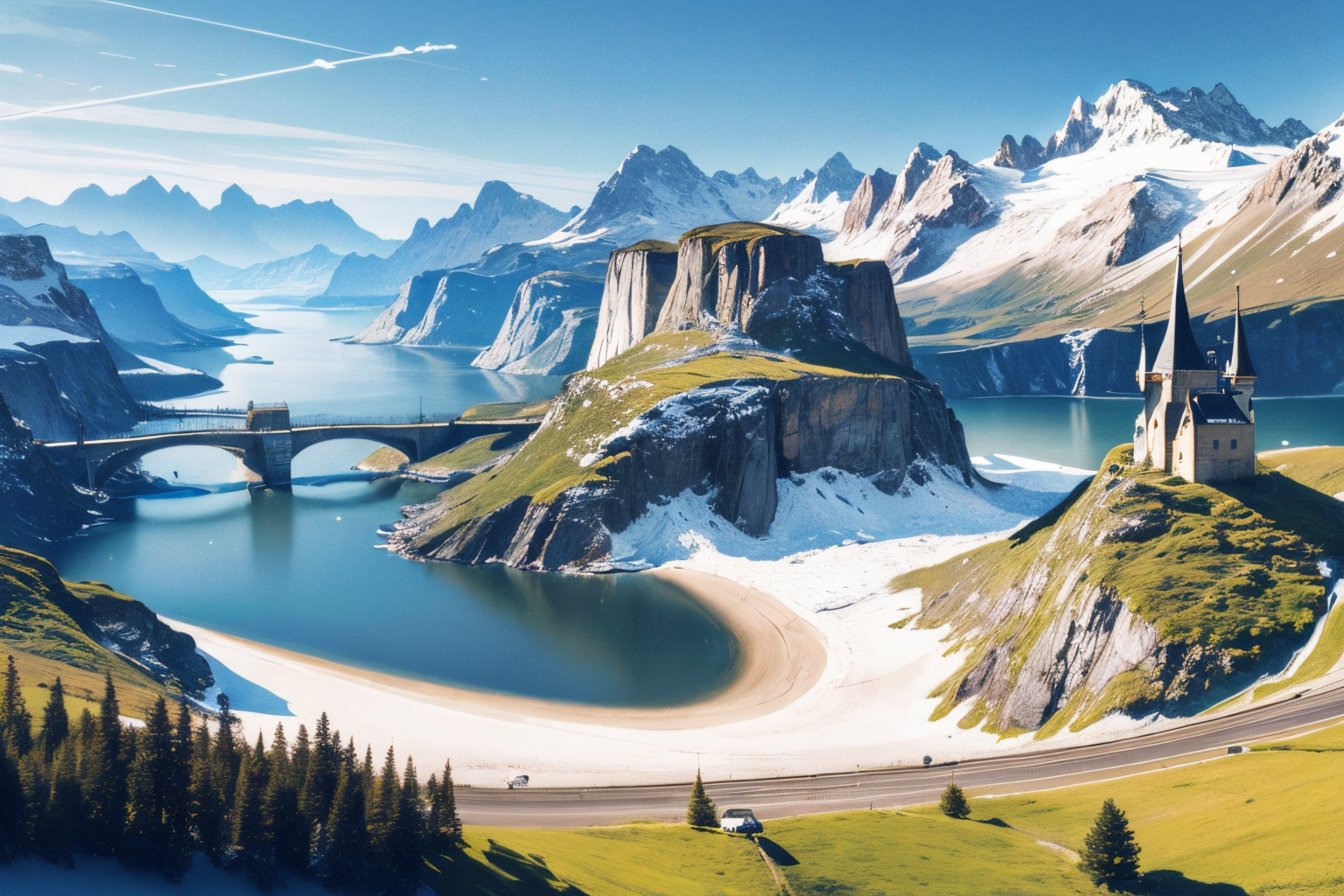 (Realistic:1.5) SyFyEye1, spacecraft, watercraft, forest, dutch angle, military, mountainous horizon, castle, mountain, beach, bridge,  <lora:SyFyEye1_v2.0:0.8>