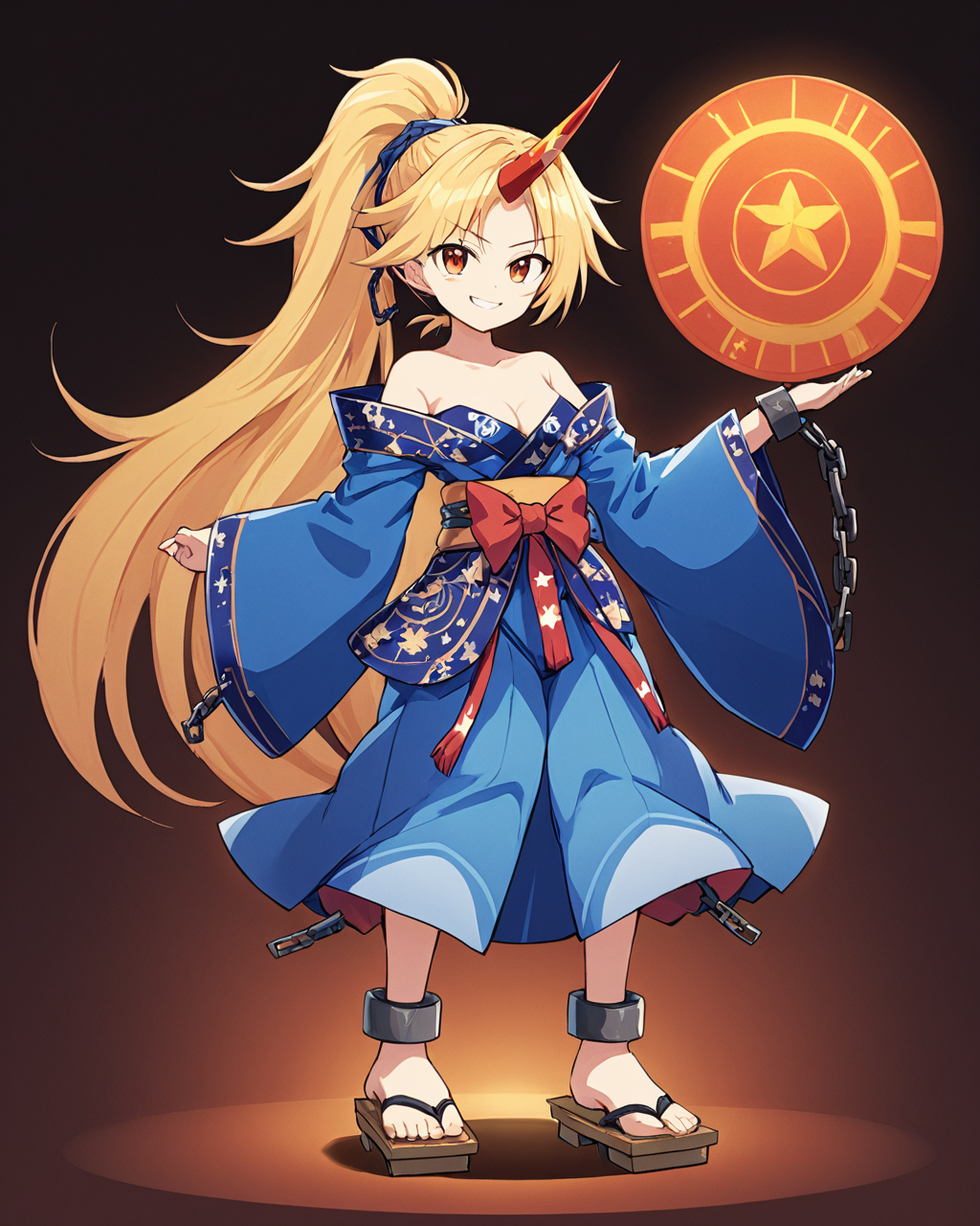 hoshiguma yuugi,1girl, solo, blue_kimono, geta, single_horn, wide_sleeves, off_shoulder, ponytail, bare_shoulders, grin, long_sleeves, full_body, one_eye_closed, star_\(symbol\), sash, shackles, teeth, standing, chain, red_horns
<lora:hoshiguma_yuugi_image3866_2023-12-17-000008:1>,star-shaped_pupils,symbol-shaped_pupils,. gorgeous,key visual, vibrant, studio anime,award-winning, professional, highly detailed,high budget, cinemascope