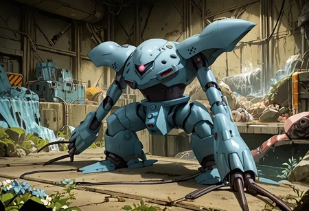 score_9, score_8_up, score_7_up, source_anime, front view, BREAK, ( hygogg, blue_hygogg_armor, pink monoeye, from side, looking at viewer, long arms, very long arms, long claws) 1mech, blue mech, wide mech, large shoulders, large shoulder armor, mech focus, solo, BREAK, two arms, sewers, ruanyi0826,ruins,water,cable,indoors,drainpipe