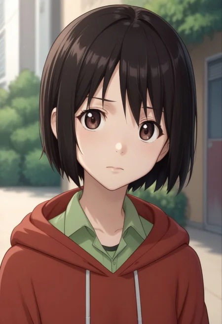 score_9, score_8_up, source_anime, highly detailed, 1girl, solo
misaki, 1girl, solo, brown eyes, short hair, black hair, hood, hoodie, red hoodie, shirt, green shirt, upper body, hood down, closed mouth, collared shirt,
outdoor,