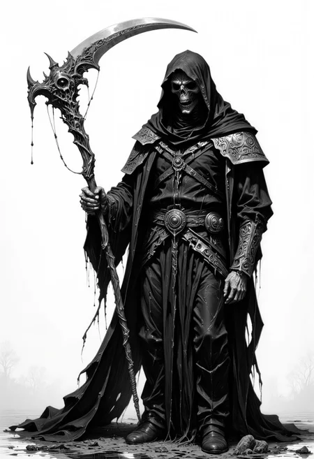 high-contrast, black-and-white digital drawing illustration of a grim Reaper figure by a known professional artist. The Reaper, cloaked in tattered, ornate robes, wields a large, highly intricately designed scythe with an elaborate, skeletal handle and intricately complex carvings. The figure´s face is shrouded in shadow, with only the hood visible, creating a mysterious, ominous atmosphere. The background is dark white with an eerie fog, emphasizing the dark, gothic elements of the Reaper. The lighting is soft and diffused, highlighting the textures of the fabric and the incredibly detailed carvings on the scythe. The camera angle is straight-on, capturing the full figure in profile as it holds the scythe´s blade above his head.