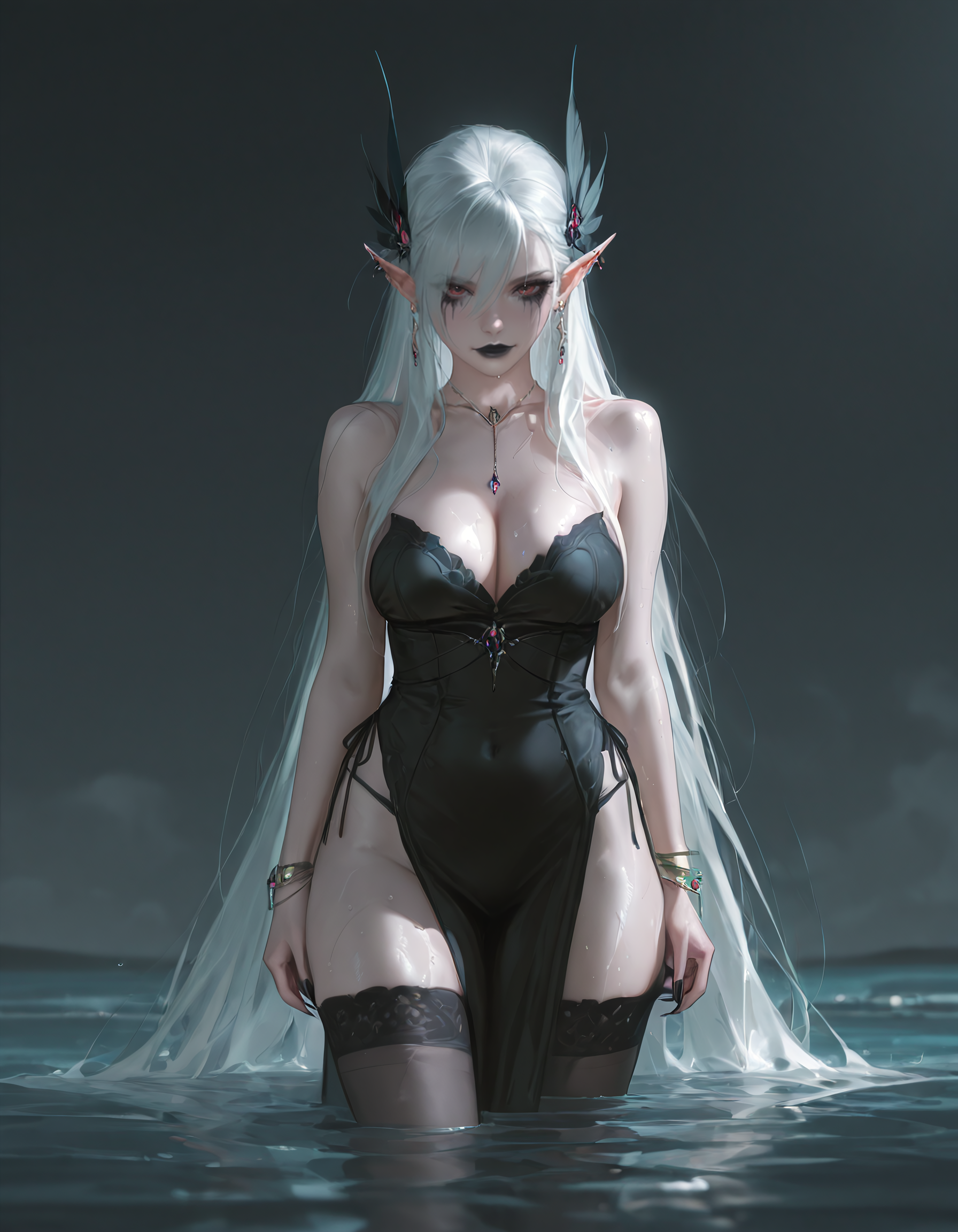 high quality, score_9, score_8_up, source_7_up, very aesthetic, high resolution, newest, depth of field, volumetric lighting, (masterpiece, best quality, ultra-detailed, High detailed), beautiful faces, uncensored, more detail XL, absurdres,masterpiece,best quality,amazing quality, masterpiece,best quality,amazing quality, 8k , 
BREAK <lora:Mixed_Style_aksktw_mixed_style:1> aksktw_mixed_style, realistic, 1girl, black dress, black lips, black thighhighs, bracelet, breasts, cleavage, dress, ear piercing, earrings, feather hair ornament, feathers, fingernails, hair flowing over, hair ornament, jewelry, large breasts, lipstick, long hair, long pointy ears, makeup, piercing, pointy ears, runny makeup, sharp fingernails, solo, thighhighs, wading, water, wet, arkilia