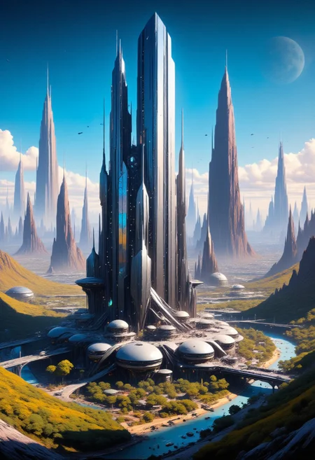 painting, mad-cybrpnkimprss, A futuristic cityscape at dusk. The central focus is an immense, towering skyscraper with a sleek, reflective surface that reflects the soft, ambient light of the setting sun. The building's design is futuristic, with a tapering top and a complex, organic base that seems to blend seamlessly with the landscape. In the foreground, a serene river runs through a valley lined with lush, green trees. Bridges and elevated walkways connect the base of the skyscraper to the surrounding buildings. The buildings in the foreground are more modest in size, with a mix of glass and metallic facades, indicating modern architecture. In the background, the cityscape stretches into the distance, showcasing a variety of skyscrapers and high-rises, some of which are needle-like, indicating a focus on verticality and density. The sky is a gradient of deep blues and purples, with scattered, fluffy clouds casting shadows on the buildings below. It feels futuristic and utopian. big white orange moon in the background, sharp, very detailed, 8k, trending on artstation, vibrant