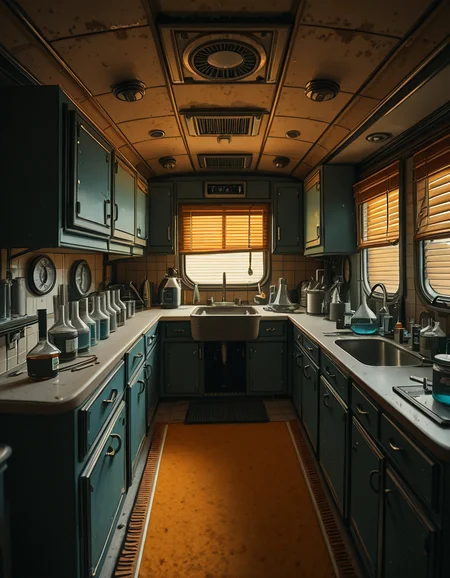 The interior of an old RV converted into a clandestine drug laboratory, inspired by the TV series Breaking Bad. The space is cramped and messy, filled with scientific equipment, glass beakers, flasks, burners, chemical containers, and lab tools scattered around. The walls are aged and stained, with peeling wallpaper and old metallic cabinets. A small sink area is cluttered with dirty lab glassware. The lighting is dim and tinted yellow, with sunlight barely filtering through dusty blinds. The floor is grimy, with a mix of rubber mats and worn carpet. The overall atmosphere is tense and gritty, capturing a sense of secrecy and danger. Hyper-realistic style, cinematic composition, rich in textures and shadows.
<lora:SDXLFaeTastic2400:0.4> <lora:extremely_detailed:0.4> extremely detailed,old RV drug l4b0r4t0ry, <lora:old_RV_drug_l4b0r4t0ry-i:1>, Masterpiece,best quality,hi res,8k,hi res,8k,award winning,(sharp focus, intricate, highly detailed),