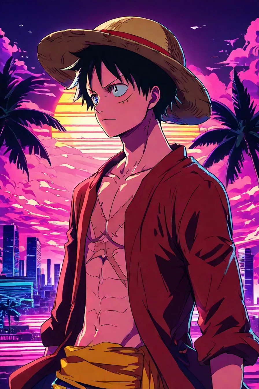 score_9, score_8_up, score_7_up, score_6_up, score_5_up, score_4_up, <lora:LUFFY_pony_XL:0.6>, Luffy, red jacket, scar on chest, straw hat, black hair, 1boy, solo, alone, <lora:Vaporwave_anime_style_illustriousXL:1>, vaporwave_style, vaporwave, sun background, horizontal striped sun, palm tree, pink cloud, building, masterpiece, highres