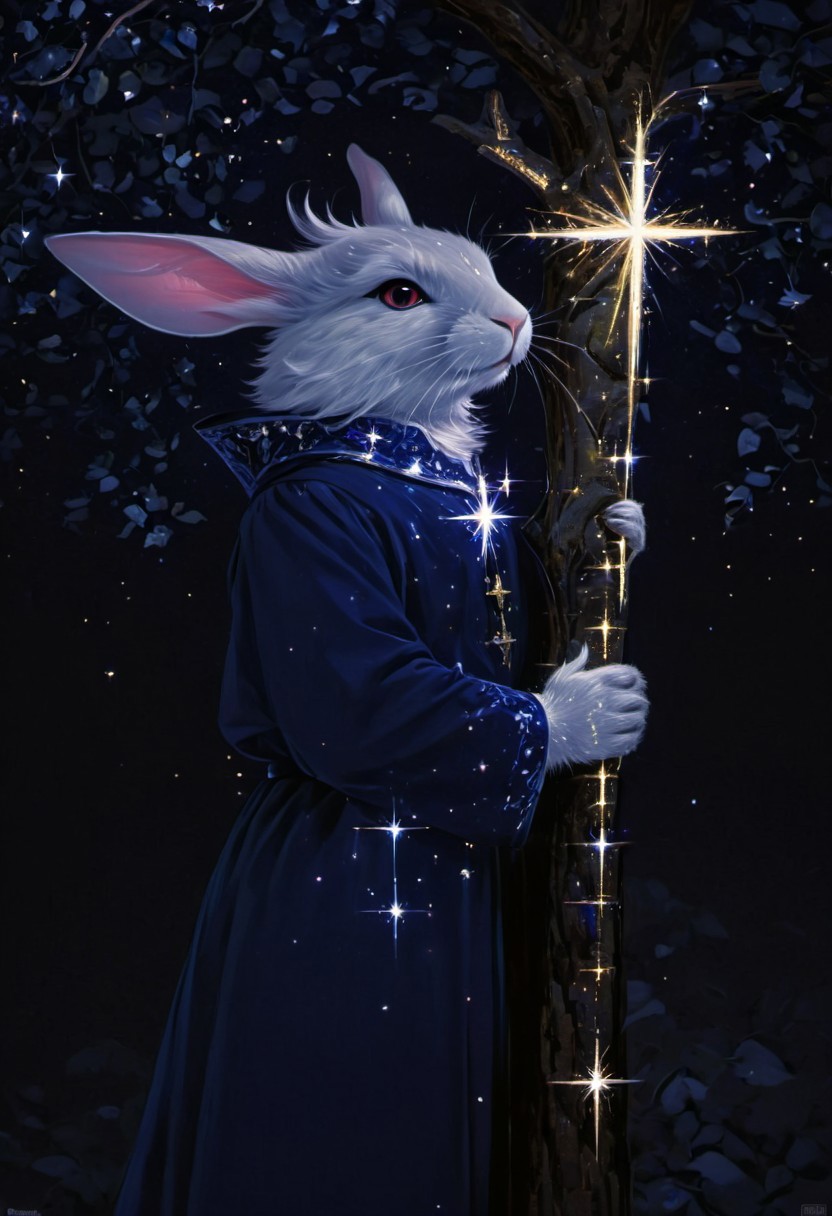 (An devil rabbit), red slit pupil, (in navy blue european prince style palace clothes medieval:1.9), stretches from a birch tree trunk, (hold up a giant fluorescent holy cross:1.6), against a soft-focus black background, (detailed claw),AR71B, (aaar7gl), (sparkle:1.9), (night), (very dark environment:1.5), moon, (gleam:1.8), painting, drawing, 8k uhd, dslr, soft lighting, best quality, film grain, masterpiece, aesthetic, animal focus, no human,
