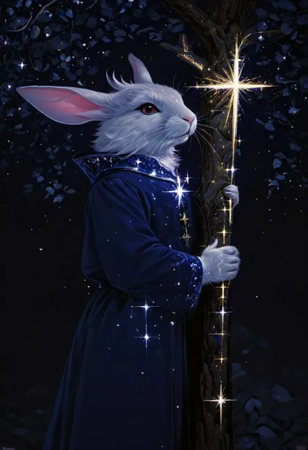 (An devil rabbit), red slit pupil, (in navy blue european prince style palace clothes medieval:1.9), stretches from a birch tree trunk, (hold up a giant fluorescent holy cross:1.6), against a soft-focus black background, (detailed claw),AR71B, (aaar7gl), (sparkle:1.9), (night), (very dark environment:1.5), moon, (gleam:1.8), painting, drawing, 8k uhd, dslr, soft lighting, best quality, film grain, masterpiece, aesthetic, animal focus, no human,