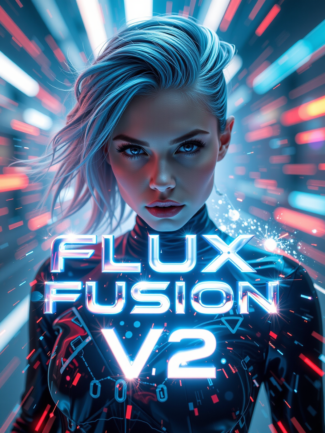 Mesmerizing cinematic portrait of a woman, fused with the "Flux Fusion V2" logo, her hair styled in sharp, futuristic waves with hints of electric blue and glowing white streaks. The Flux Fusion V2 text is front and center, rendered in polished chrome, with holographic light trails swirling around it. The scene explodes with dynamic energy, with motion blurs, light beams, and neon effects creating an overload of visual impact. The woman stands confidently, her eyes sharp and intense, reflecting the glow of futuristic tech elements. Her surroundings are filled with abstract, high-speed light streams and swirling particles, as though she is moving through a fast-paced, futuristic world. The V2 letters appear almost weightless, infused with glowing light and reflecting the chaos of energy that surrounds her. The overall vibe is high-tech, fast, and completely mesmerizing.

