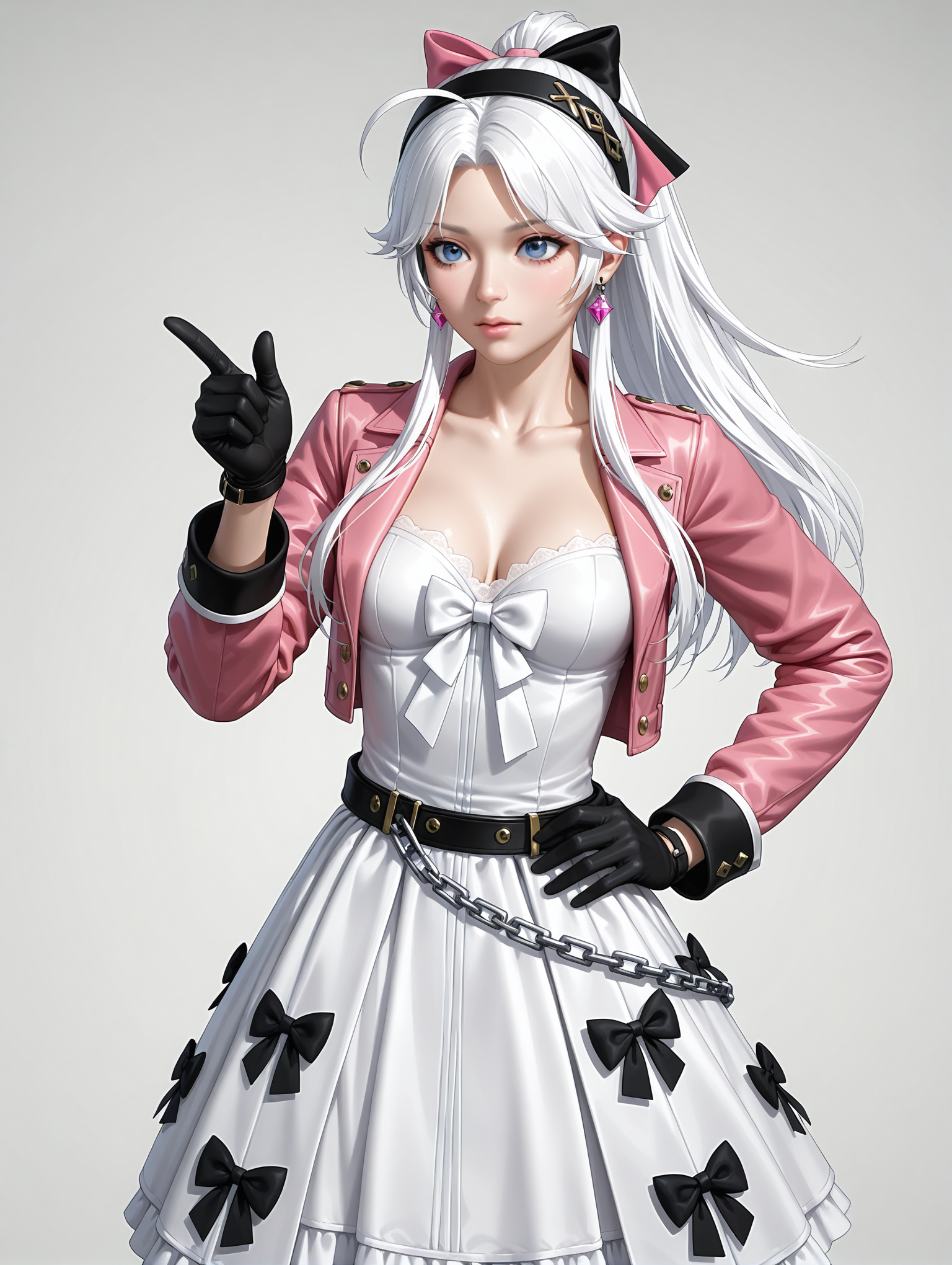 3d,realistic, 
1girl,carlotta_\(wuthering_waves\),gloves,solo,long hair,bow,black gloves,hair bow,blue eyes,pink bow,jewelry,earrings,breasts,ahoge,hand up,ponytail,pink jacket,white bow,parted bangs,white hair,chain,white dress,black bow,two-tone bow,medium breasts,sidelocks,hairband,collarbone,
hand on own hip,pointing,simple background,