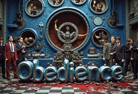 the words ...OBEDIENCE' written in large font fills the front of frame. In the back of frame weird man with in a dark room with checkerboard blue lotus PEOPLE ARE trapped inside machinery, people crushed inside mechanical gears, high gore arms crushed and bent, signs of wailing, people in business suits trapped in machinery. floors with blood on the ground with a white interior cyber tech electricity electical circuits illuminati symbols with brains and vaginas with high technology alchemical background lightning bolts