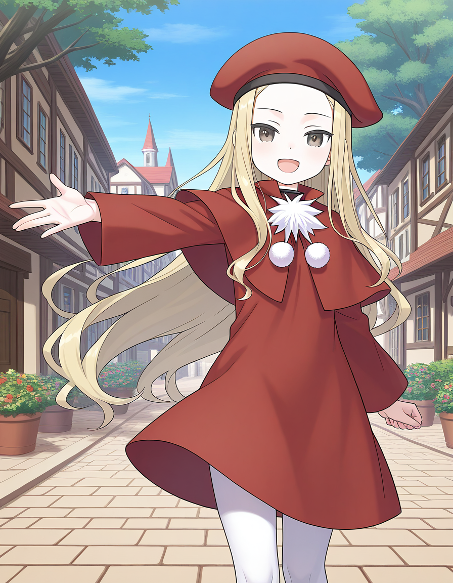 general,highres, game cg, ultra-detailed,very aesthetic,best quality ,best hands,  BREAK <lora:Belfraw_Martini_IS:1>
Belfraw_Martini, 1girl, solo, very long hair, blonde hair, black eyes, happy,
red beret, bangs, short stack, 1girl, solo, open mouth, pom pom (clothes), 
capelet, sky, :d, looking at viewer, long sleeves, white pantyhose, red dress, outdoor, town, tree, smile, looking at viewer, cowboy Shot,