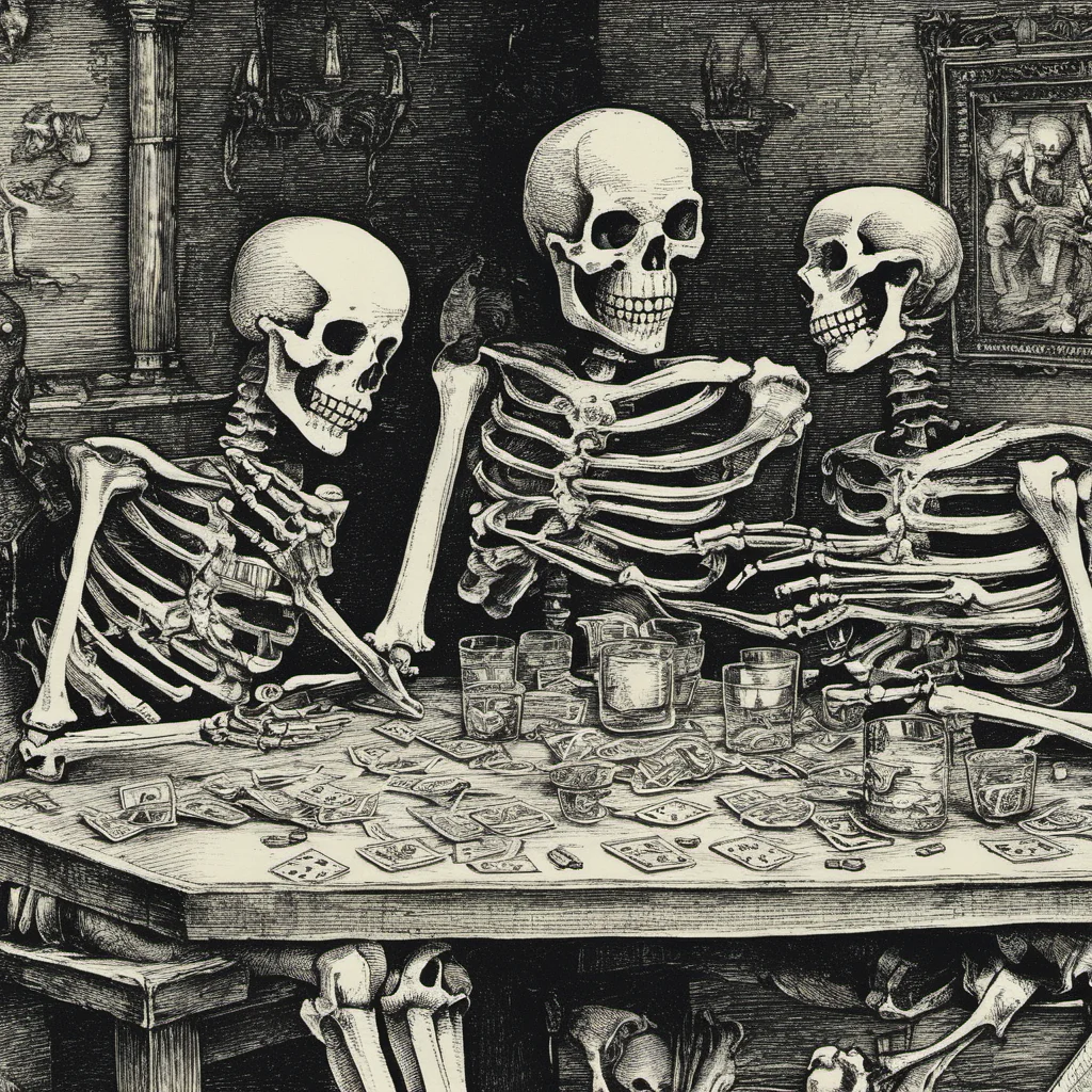 high quality, masterpiece, extremely detailed, dansemacabre , skeleton playing poker <lora:dansemacabre-000007:1>