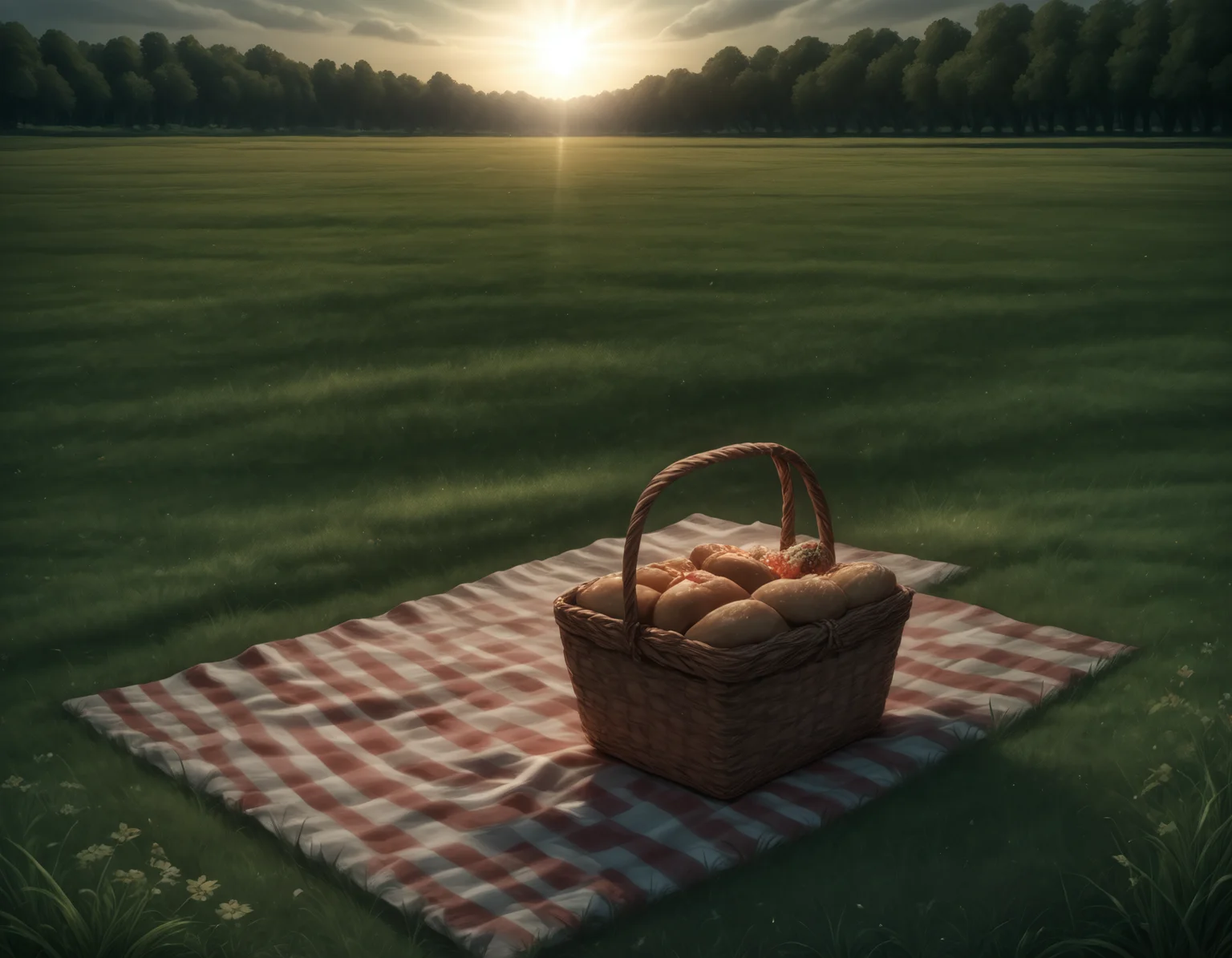 food, picnic, grassy field, basket, masterpiece, detailed, soft lighting, realistic
