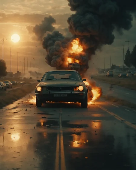 topnotch artstyle, <lora:Explosion Artstyle - Trigger is Explosion Artstyle:.7> explosion artstyle , (a couple of cars that are sitting in the street near a tree line with a light on them and a person standing on the side of the road, Filip Hodas, cgstudio, a detailed matte painting, photorealism:0.5)