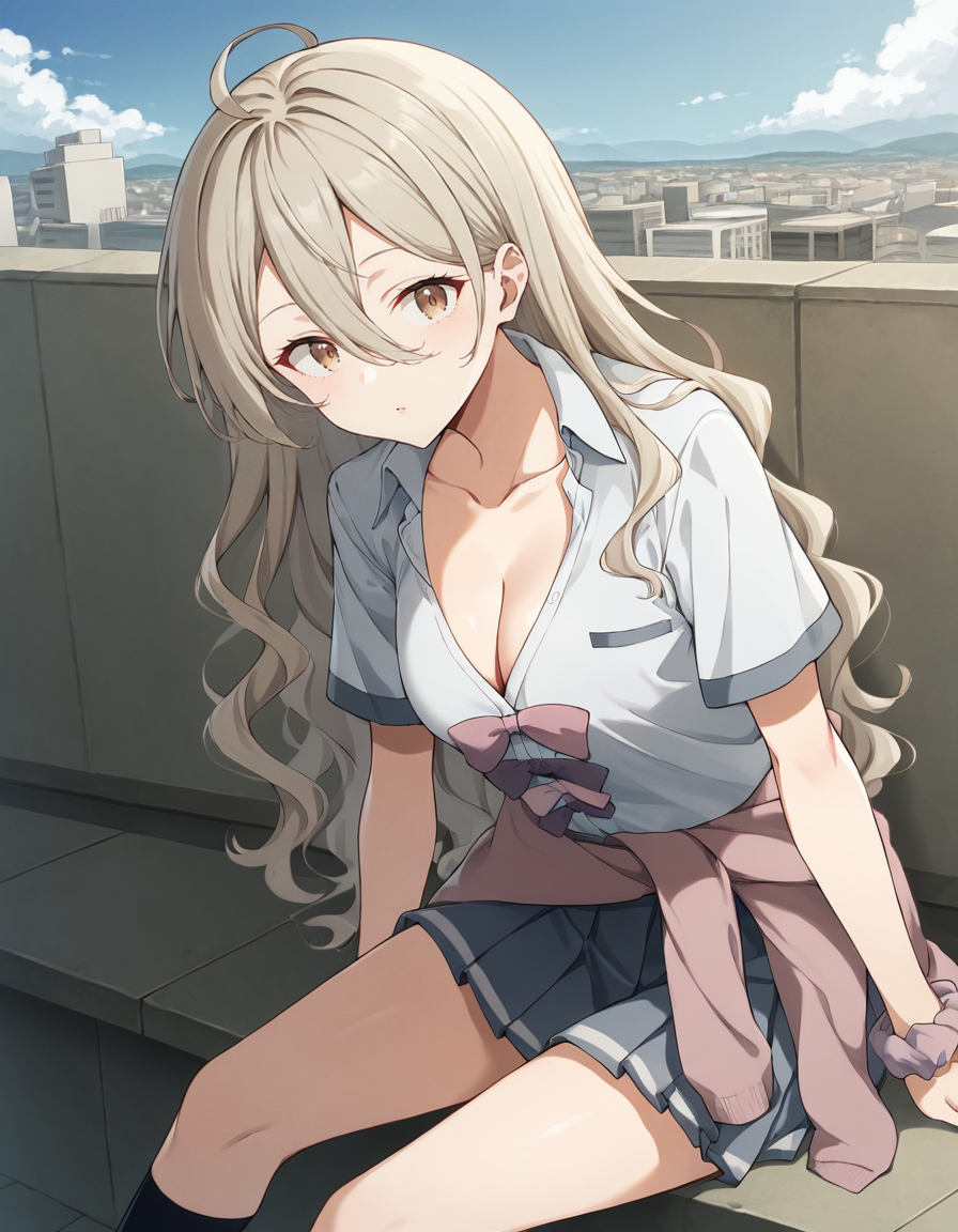score_9, score_8_up, score_7_up, source_anime, BREAK
1girl, solo, looking at viewer, outdoors, school, rooftop, blue sky, cloud, sitting, leaning forward, cityscape, japan,
<lora:yumeko_shikiya_anime-soralz:1>,
yumeko shikiya, long hair, grey hair, ahoge, wavy hair, hair between eyes, brown eyes,
school uniform, white shirt, collared shirt, short sleeves, collarbone, cleavage, pink bowtie, purple bowtie, loose bowtie, (wrist scrunchie:0.8), sweater around waist, grey pleated skirt,