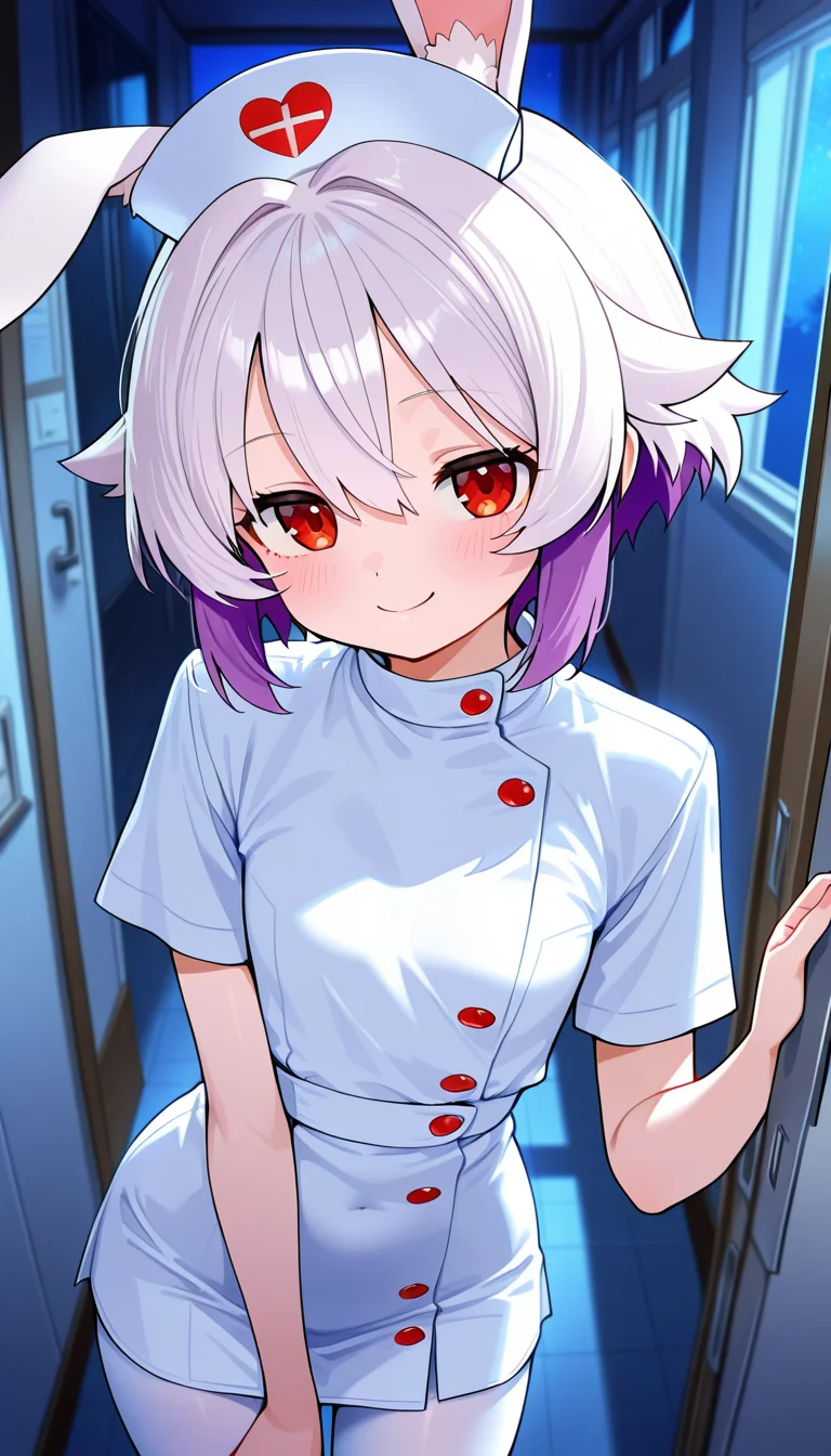 masterpiece, best quality, very aesthetic, absurdres,
solo, 1girl,
usami-chan,
flirty smile,
undersized clothes, nurse cap, short skirt, white leggings,
inside, hallway, night,