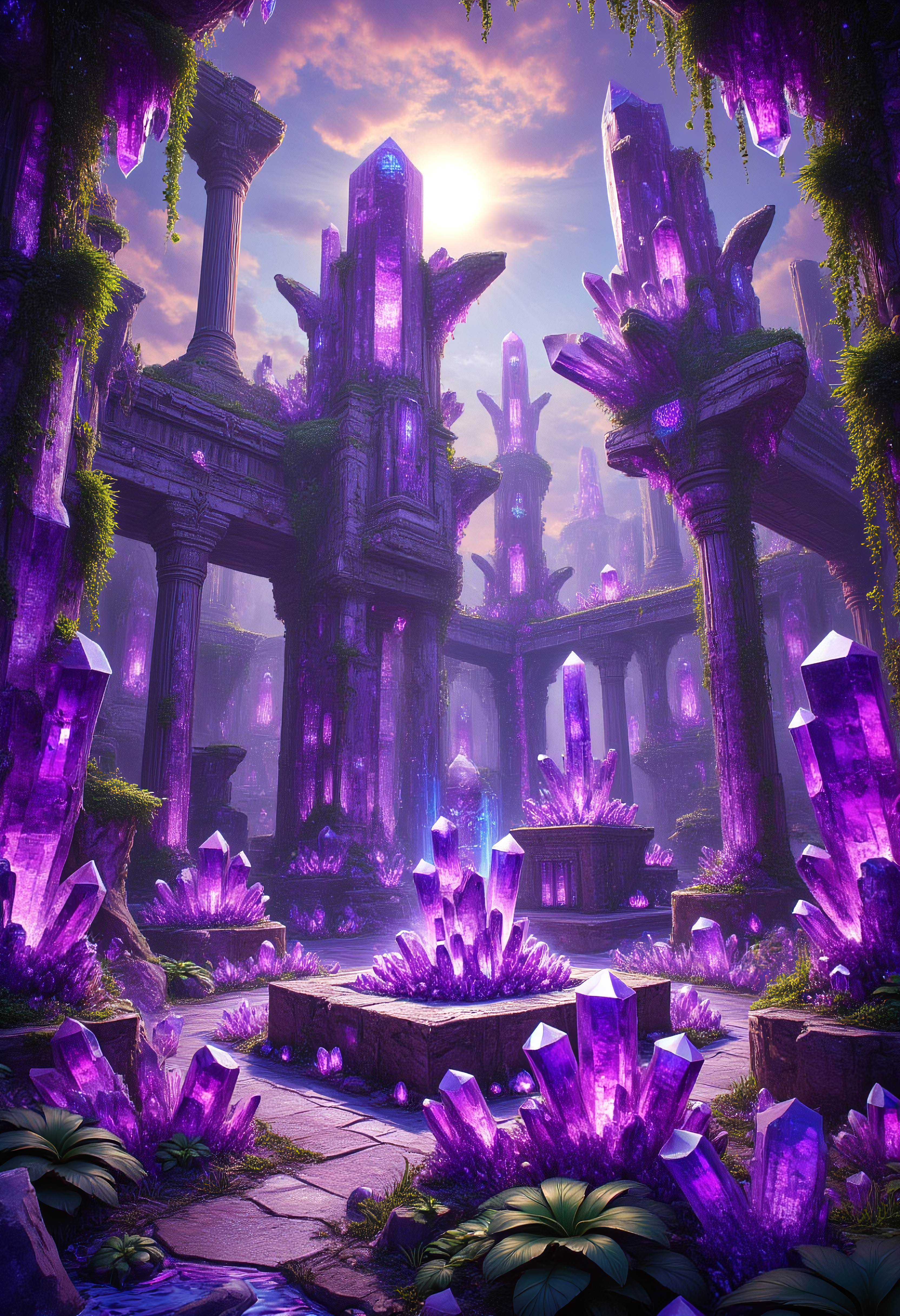 Crystallized Ancient Ruins
The remains of an ancient civilization, where every column, statue, and artifact is made of sparkling amethyst crystals. The ruins glow faintly in the light of a setting sun, casting long violet shadows across the jungle floor. Overgrown crystalline vines wrap around the jagged structures, and an amethyst altar in the center pulses with mysterious energy.