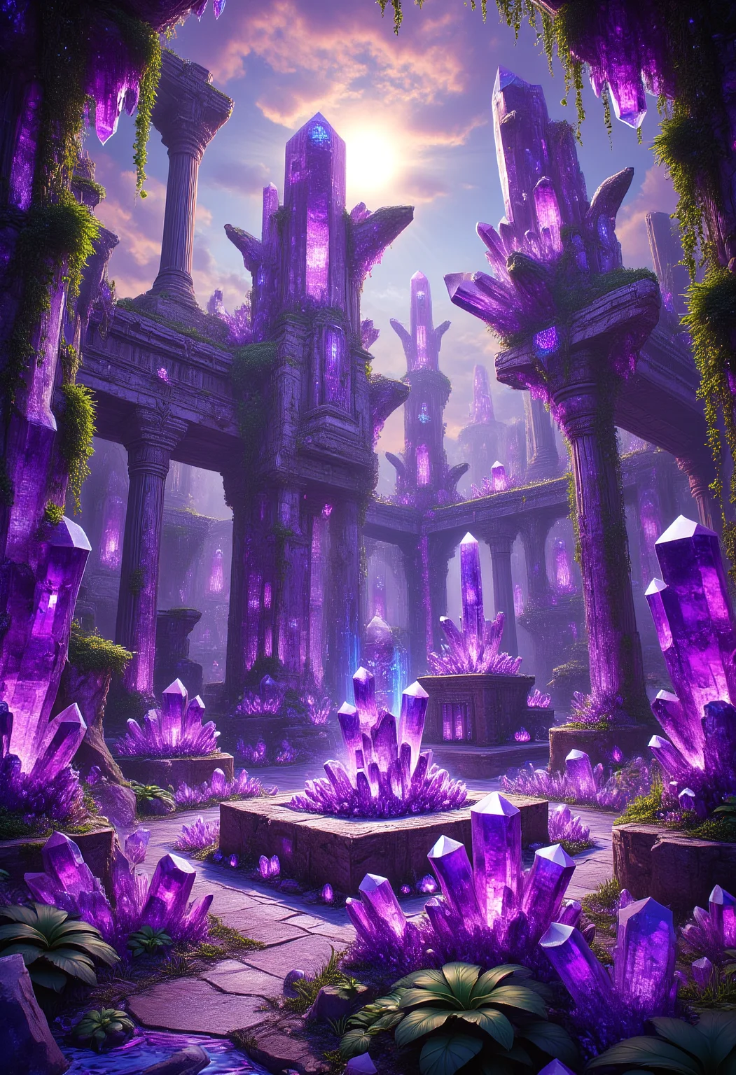 Crystallized Ancient Ruins
The remains of an ancient civilization, where every column, statue, and artifact is made of sparkling amethyst crystals. The ruins glow faintly in the light of a setting sun, casting long violet shadows across the jungle floor. Overgrown crystalline vines wrap around the jagged structures, and an amethyst altar in the center pulses with mysterious energy.
