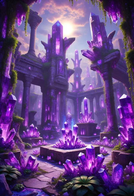Crystallized Ancient Ruins
The remains of an ancient civilization, where every column, statue, and artifact is made of sparkling amethyst crystals. The ruins glow faintly in the light of a setting sun, casting long violet shadows across the jungle floor. Overgrown crystalline vines wrap around the jagged structures, and an amethyst altar in the center pulses with mysterious energy.