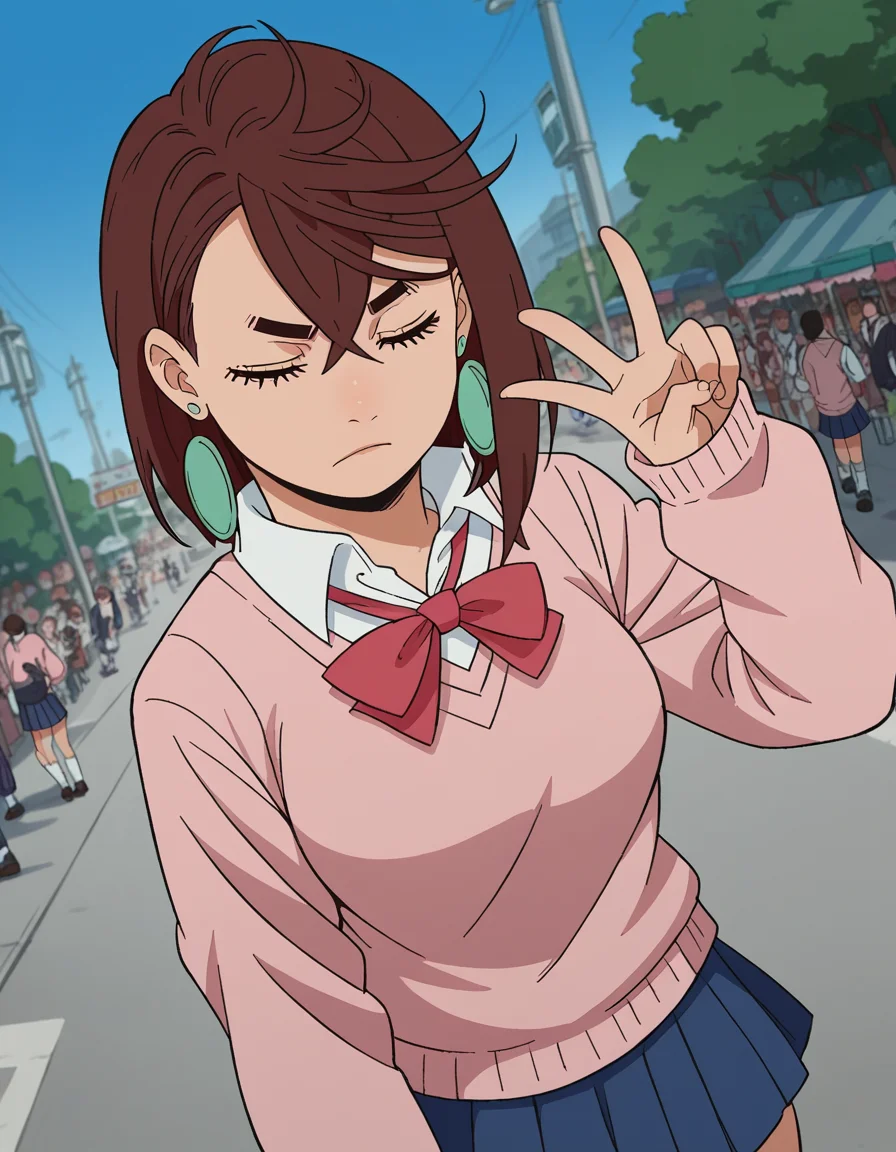 score_9, score_8_up, score_7_up, source_anime, <lora:momo-ayase-alpha-s1-ponyxl-lora-nochekaiser:1>, momo ayase, short hair, brown hair, brown eyes, bangs, thick eyebrows, medium breasts, skirt, school uniform, pleated skirt, shoes, socks, loafers, sweater vest, pink sweater, shirt, white shirt, collared shirt, earrings, green earrings,, street market, vendor, street food, bustling crowd, local flavor, vibrant, , , v, v over eyes,, solo,, cowboy shot, dutch angle