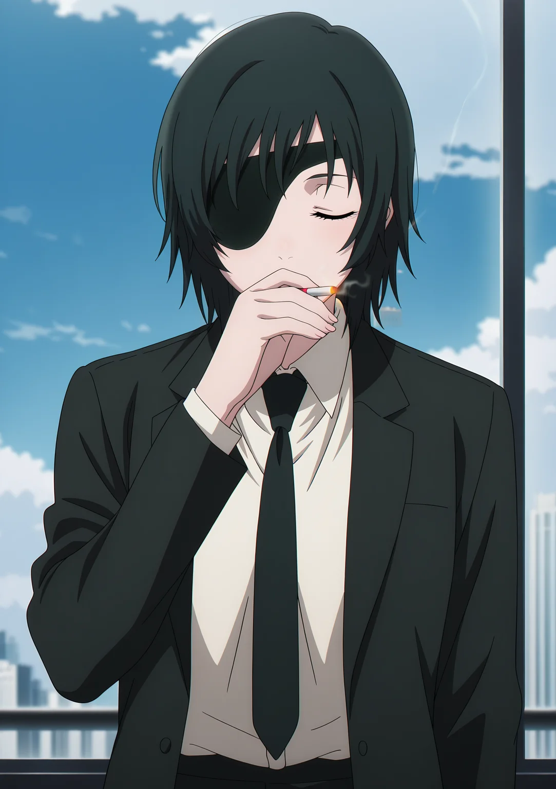 volumetric lighting, official style, amazing quality, ultra detailed, highres, detailed background,anime coloring, (anime screencap) masterpiece, detailed face,1girl <lora:Himeno__:0.8>Himeno, eyepatch, cigarette, necktie, smoking, black necktie, black hair, formal, shirt, closed eyes, suit, holding cigarette, smoke, white shirt, collared shirt, medium hair, jacket, holding, black jacket, bangs, upper body, business suit, long sleeves, black suit, cloud, sky, short hair, suit jacket, window, shirt tucked in, dress shirt, coat, pants, building, blurry, office lady, blurry background, cityscape, cloudy sky