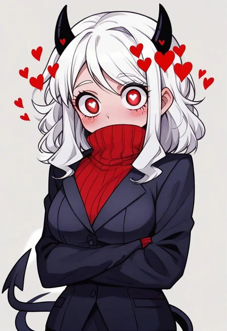 <lora:flattening-ponyxl-v1:1.3>, ,, Modeus_(Helltaker),horns, heart, demon girl, demon horns, heart-shaped pupils, symbol-shaped pupils, black horns, medium hair,demon tail, sweater, red sweater, tail, ribbed sweater, long sleeves, turtleneck, black jacket, formal, suit,, Anime eyes, anime face,<lora:add-detail-xl:0.7> <lora:xl_more_art-full_v1:0.1>